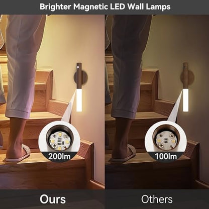 Wooden Motion Sensor Lights Indoor - Magnet Body Hallway Rechargeable LED Wireless Battery Operated Wall Sconce, Portable Decor Torch Night Lighting for Bedroom (Walnut Wood 2PCS)