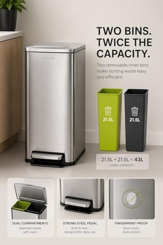 Step N’ Sort Slim Dual Recycling Bin 43L (2 x 21.5L) – Soft Close Kitchen Trash Can – Space Saving Stainless Steel – Removable Buckets