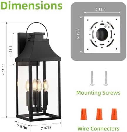 22'' Large Outdoor Wall Lantern, Black Exterior Lighting Fixture 1 Pack