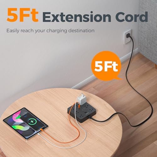 TESSAN Surge Protector Power Strip, 5Ft Flat Plug Extension Cord, Black