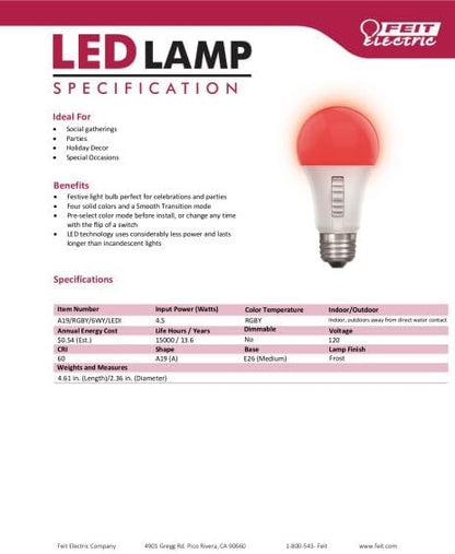 Feit Electric LED Color Changing Light Bulb - A19 with an E26 Medium Base Light Bulb - 60W Equivalent - 15 Year Life (Pack of 2)