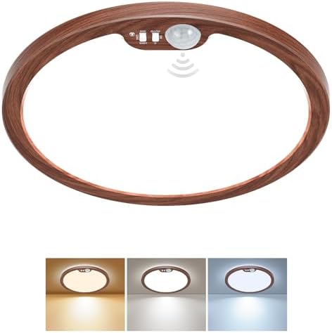 BLNAN Motion Sensor Ceiling Light Wired, 8.7 Inch 3000K 4000K 5000K Selectable LED Flush Mount Light Fixture, Motion Activated Light with Timer for Hallway Stair Walk-in Closet, Non-Dimmable - Walnut