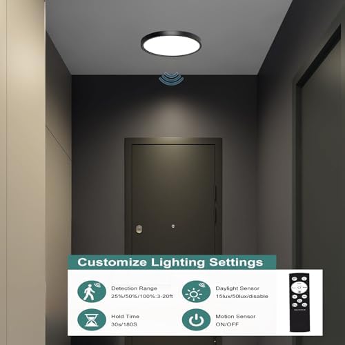 7in Motion Sensor Ceiling Light Indoor, 15W 1500LM, Black