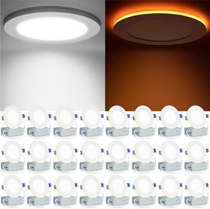 Meconard 24 Pack 4 Inch 5CCT LED Recessed Ceiling Light with Night Light, 2700K/3000K/3500K/4000K/5000K Selectable Ultra-Thin Recessed Lighting, 9W=75W, 750LM, Dimmable Canless Wafer Downlight ETL&FCC