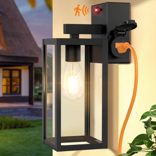 BesLowe Upgraded Motion Sensor Outdoor Wall Light with Outlet, Black