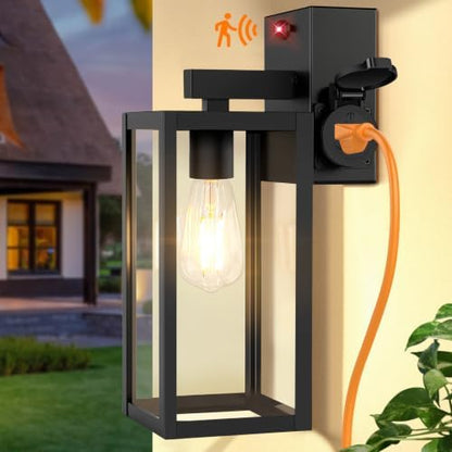 BesLowe Upgraded Motion Sensor Outdoor Wall Light with Outlet, Black