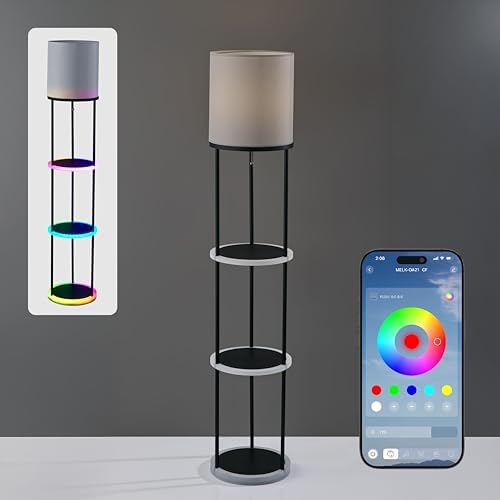 Adesso Smart Floor Shelf Lamp - Three Shelves for Modern Home Decor, Linen Drum Shade, App-Controlled Accent Lighting with E26 Bulb Socket & Integrated LED Lights, 57" Tall