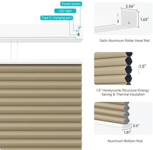 Motorized Top Down Bottom Up Cellular Shades with Remote, Custom Cordless Smart Honeycomb Blinds, Automatic Electric Blackout Window Blinds Work with Alexa Google for Home Office, Light Brown