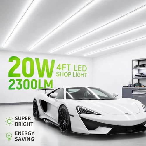 Pak 4FT LED Shop Lights, 2300LM 6500K Cool White, 20W Energy Efficient Linkable Ceiling and Under Cabinet Lighting, T5 Integrated Utility Fixture for Garage, Workshop, Basement, FCC Certified, 8 Pack