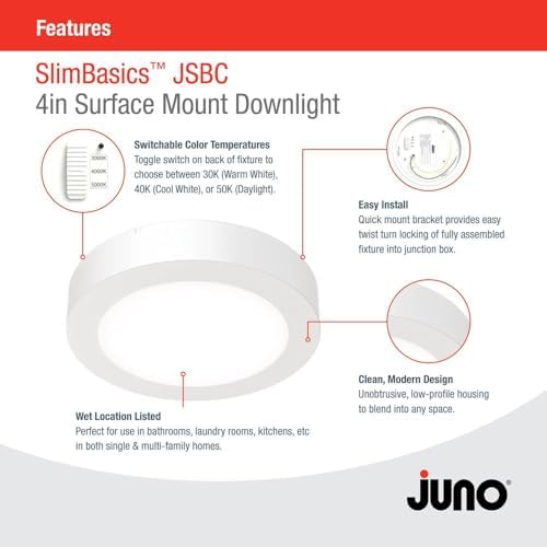 Juno Slim Basics 4 Inch LED Ceiling Light, Low Profile Surface Mount Downlight for Shower or Closet Lighting, 3000K/4000K/5000K Selectable White Light, Edged Trim, Wet Rated, Matte White