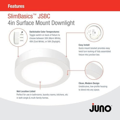 Juno Slim Basics 4 Inch LED Ceiling Light, Low Profile Surface Mount Downlight for Shower or Closet Lighting, 3000K/4000K/5000K Selectable White Light, Edged Trim, Wet Rated, Matte White