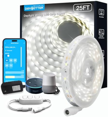 DAYBETTER 25 ft Smart WiFi White LED Lights, Dimmable White LED Strip Light Compatible with Alexa and Google Assistant, 6500K, 720 LEDs Tape Lights for Bedroom, Kitchen, Mirror, Home Decoration
