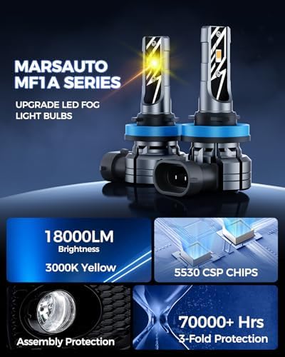 Marsauto H11/H16/H8 LED Fog Light Bulb, 18000LM 700% Brightness, H11 H16 H8 LED Bulb Yellow Fog Lights, 3000K Yellow Tail Light Covers 70000HRS Lifespan H11 Yellow Fog Light Bulbs