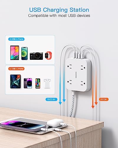 10 Ft Extension Cord, Flat Power Strip with 4 Outlets 4 USB Ports (2 USB C)
