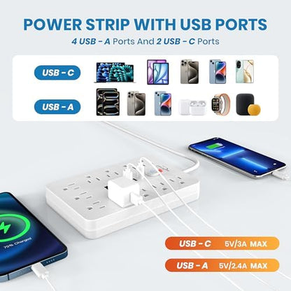 JouleLoom Power Strip Surge Protector with 11 Outlets, 4 USB and 2 USB C Ports, 5 Ft Extension Cord, Flat Plug, Wall Mount, Overload Protection Desk USB Charging Station for Home, Office（White）