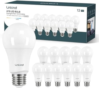 Linkind A19 LED Light Bulbs, 100 Watt Equivalent, 5000K Daylight 12 Packs