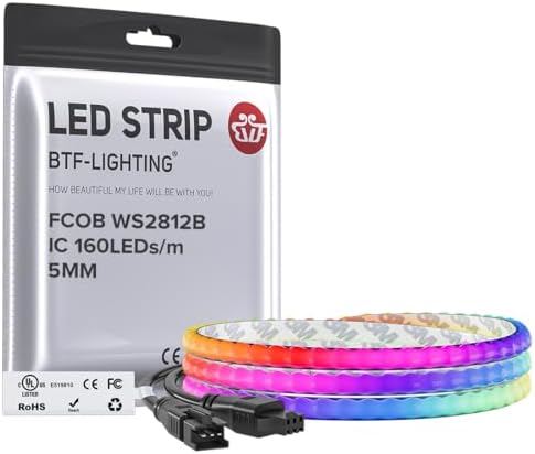 BTF-LIGHTING FCOB COB WS2812B IC RGB LED Strip DC5V 3.2FT 160LED 5mm IP30