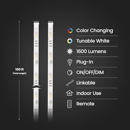 Feit Electric 100ft Chasing & Tunable White LED Tape Light, Dimmable, RGB Colors, Cuttable for Custom Fit, Slim 0.4-Inch Width, Indoor/Outdoor Plug-in Light Strip, Remote Controlled, TAPE1200/CHASE