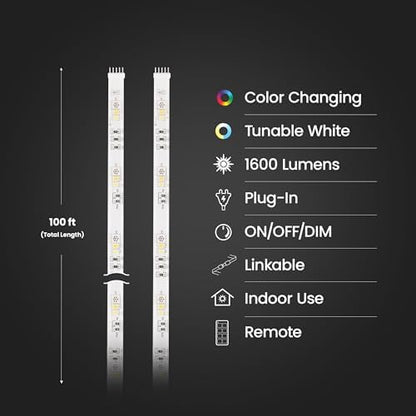 Feit Electric 100ft Chasing & Tunable White LED Tape Light, Dimmable, RGB Colors, Cuttable for Custom Fit, Slim 0.4-Inch Width, Indoor/Outdoor Plug-in Light Strip, Remote Controlled, TAPE1200/CHASE