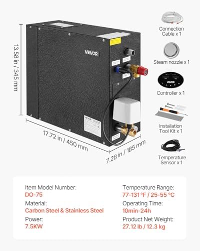 VEVOR Steam Generator, 7.5 kW Steam Shower System with Controller for Home Sauna & Spa, Commercial Auto Drain Kit with Overheat, Dry-Run & Overpressure Protection, 10min to 24h Timer, Black