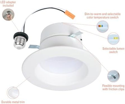 HALO RL 4 inch LED Recessed Light Retrofit Selectable CCT 2700K 3000K 3500K 4000K 5000K Dimmable Dim to Warm 600/900 Lumens Wet Location Indoor Outdoor Ceiling Downlight RL4LS9FSD2W1EWH (Pack of 4)