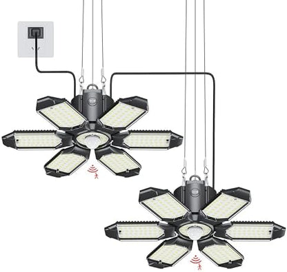 Plug in Garage Light with Motion Sensor - Ultra Bright 200W 20000LM Motion Activated Shop Light with 3 Mode, 6 Deformable LED Panel, Indoor Motion Light Bulb for Garage, Workshop (2 Pack)