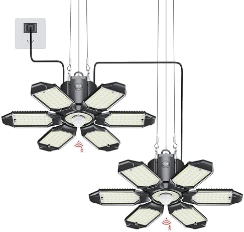 Plug in Garage Light with Motion Sensor - Ultra Bright 200W 20000LM Motion Activated Shop Light with 3 Mode, 6 Deformable LED Panel, Indoor Motion Light Bulb for Garage, Workshop (2 Pack)