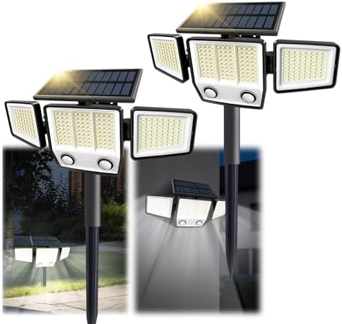 MDCMDCM Solar Motion Sensor Outdoor Lights Waterproof - 3000LM 3 Modes Security Lights Outdoor 270° Illumination IP65 LED Solar Flood Wall Light for Garden Yard Patio Pathway (with Stakes, 2)
