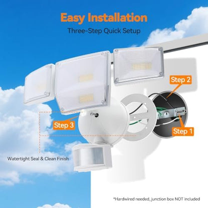 85W 10000LM Motion Sensor Outdoor Lights, 4-Head Super Bright LED Security Light, 5000K Daylight, IP65 Waterproof Hardwired Motion Detector Flood Lights Outdoor for Garage, Yard (White)