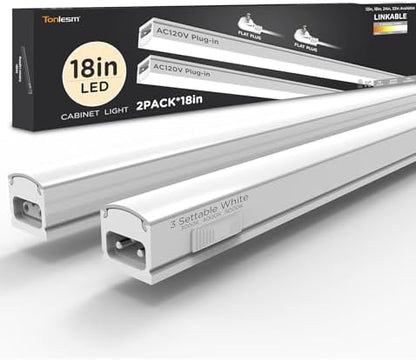 Under Cabinet Lighting Plug in AC120V 3CCT 3000/4000/5000K,Super Bright,Linkable Under Counter Lights for Kitchen,Ultra Slim LED Cabinet Light for Closet,Shelf,Sink,ETL Listed(18inch,White,2Pack)
