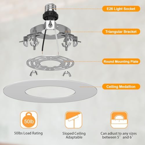 Recessed to Pendant Light Converter Kit 5 and 6 inch Can Light Conversion, Includes E26 Socket, Mounting Bracket, Round Ceiling Plate & White Cover