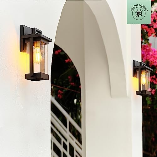 Globe Electric 60000028 1-Light Outdoor Wall Sconce, Matte Black, Brass Accent, Clear Seeded Glass Shade, Weather Resistant, Front or Back Porch Decor, Modern Exterior Lighting, Patio Lights