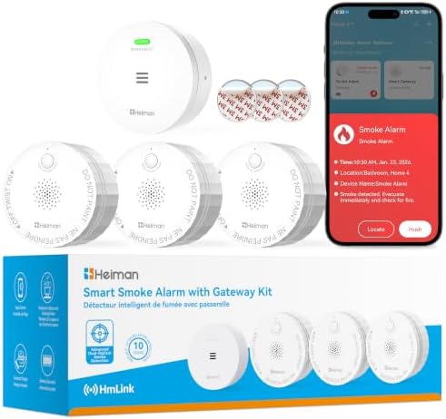 Heiman Smart Smoke Detector, 3-Pack Interconnected Fire Alarm with Gateway