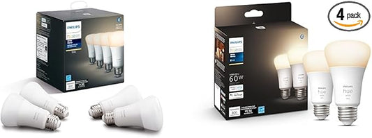 Philips Hue Smart 60W A19 LED Bulb - Soft Warm White Light - 4 Pack - 800LM - E26 - Indoor & Smart 60W A19 LED Bulb - Soft Warm White Light - 2 Pack - 800LM - E26 - Indoor