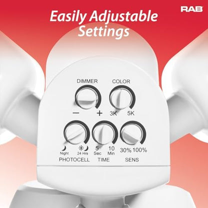 RAB Lighting LU160 Luminator Motion Sensor Outdoor Lights - Flood Light for Security - Outside Dusk to Dawn Photocell, 3000k–5000k Tunable, IP65 Weatherproof Rating, 160°Coverage, 50 Ft Range (White)