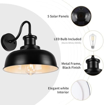 Solar Barn Light for Outside, Dusk to Dawn Outdoor Wall Lights Solar Powered, Farmhouse Exterior Wall Sconce, Industrial Outside Lighting Fixture, Rustic Lantern for Garage, Barn, Shed
