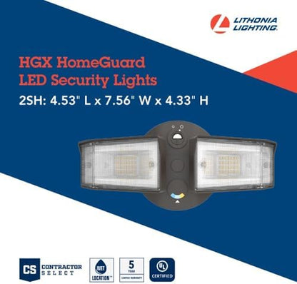 Lithonia Lighting HomeGuard 2-Light LED Outdoor Flood Lights, Outdoor LED Lights, Dusk to Dawn Sensor, Adjustable Lumens, Selectable Color, Square Heads, Dark Bronze (HGX LED 2SH ALO SWW2 120 PE DDB)