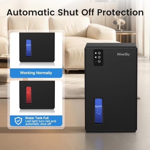 NineSky Dehumidifiers for Home, 1000 Sq.Ft Dehumidifier with 95oz Water Tank, Quiet Dehumidifier for Basement Bathroom Bedroom with 7-Color Ambient Light & Auto Shut Off, Black