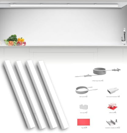 Leetdud Under Cabinet Lighting Plug in, 24 Inch 4 Pcs, Linkable AC120V 3CCT 3000K/4000K/5000K Ultra Slim, LED Under Cabinet Lights for Counter Light, Kitchen, Shelf, Sink, Workshop, Desk, White