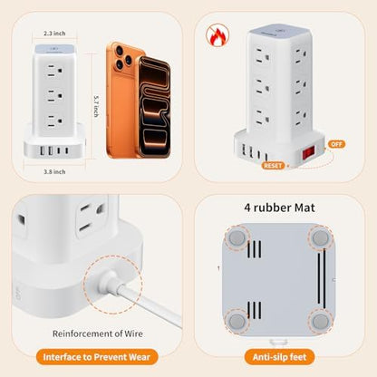 Extension Cord with Multiple Outlets, SMALLRT Power Strip Tower, 10FT Outlet Extender with 12 AC Outlets 4 USB, Power Strip with USB Ports for Home Office Dorm Room,Overload Protection