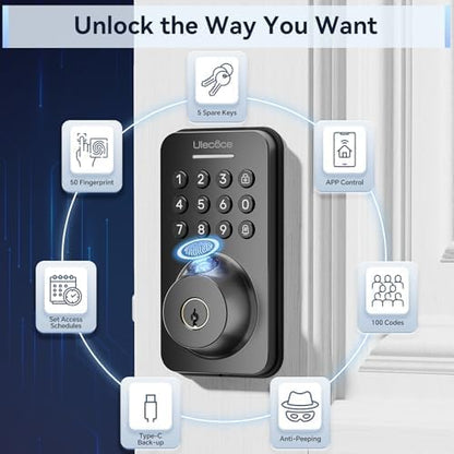 Ulecoce Fingerprint Keypad Deadbolt with Handle Set, Keyless Entry Door Lock, Door Locks for Front Door Lock Set, App Control, Auto Locking, Easy to Install, Matte Black