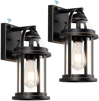 OKELI Dusk to Dawn Outdoor Wall Lights, Waterproof Lighting Fixtures Rustic Farmhouse Wall Lanterns with Clear Glass Shades Anti-Rust Outside Lights for House(Black with Gold-Trim, 2 Pack)
