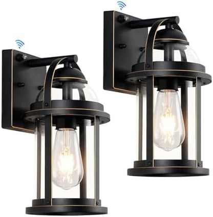 OKELI Dusk to Dawn Outdoor Wall Lights, Waterproof Lighting Fixtures Rustic Farmhouse Wall Lanterns with Clear Glass Shades Anti-Rust Outside Lights for House(Black with Gold-Trim, 2 Pack)