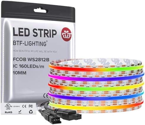 BTF-LIGHTING FCOB COB WS2812B IC RGB LED Strip DC5V 13.1FT 640LED 10mm IP30