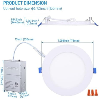 TORCHSTAR 12-Pack 5CCT 6 Inch Ultra-Thin LED Recessed Light, CRI90 12W