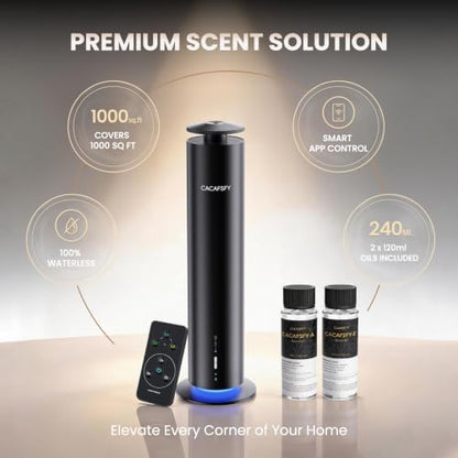 Cordless Waterless Diffuser for Essential Oils - Rechargeable Hotel Scent Diffuser for Large Room up to 1000 Sq Ft, App, Remote & Timer, Night Light, Includes 2 x 120ml Oils