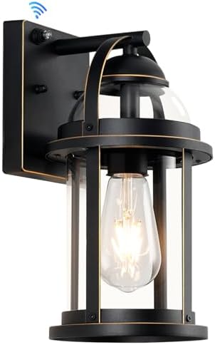 OKELI Dusk to Dawn Outdoor Wall Lights, Waterproof Lighting Fixtures Rustic Farmhouse Wall Lanterns with Clear Glass Shades Anti-Rust Outside Lights for House(Black with Gold-Trim, 1 Pack)