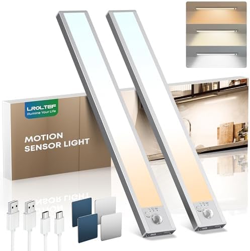 LROLTEF Under Cabinet Lights Wireless, 2 Pack 8.3 inch 1500mAh 3000K 4000K 6500K 3 Color Temps Dimmable Motion Sensor Light Indoor, Rechargeable LED Under Counter Lights for Kitchen, Stairs, Closet