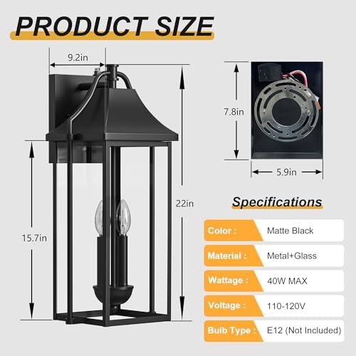 22IN Dusk to Dawn Outdoor Wall Sconce, 2-E12 Base Exterior Light