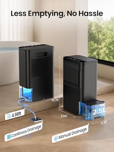 Dehumidifiers for Home, 2.5L Tank, 35dB Quiet, Continuous Draining Hose